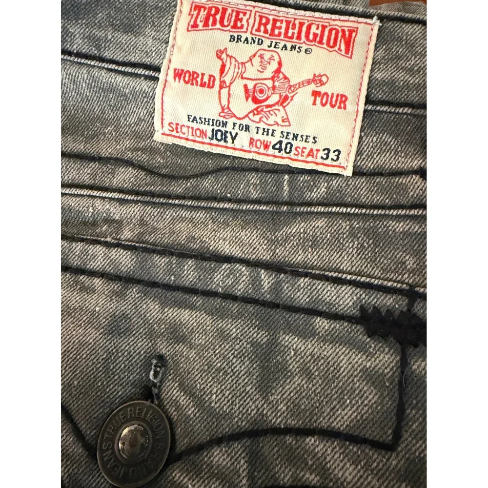 True Religion Joey Mens Gray Acid Wash Black Triple Stitch Jeans Size 40x33 USA